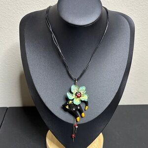 Orna Lalo Lampwork Flower Black Cat Dangling Rhinestone Pendant Charm Necklace​